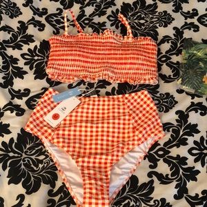 size medium red gingham smocked two piece bikini.